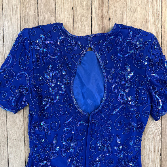 VTG ADRIANNA PAPELL DRESS 14 SILK BEADED BLUE FLORAL SEQUIN COCKTAIL RETRO SZ 6 - Picture 5 of 9
